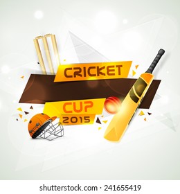 Cricket Cup 2015 concept with bat, ball helmet and wicket stumps on stylish background.