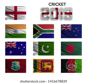 Cricket cup 2019. Set of the national flag of team on white background. Vector illustration. 