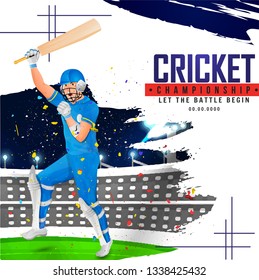Cricket Cup Championship flyer or poster, cricket player or batsman waving his hand with joy on colorful abstract background.
