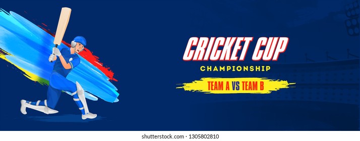Cricket cup championship header or banner design, cricket player in playing action on blue background.