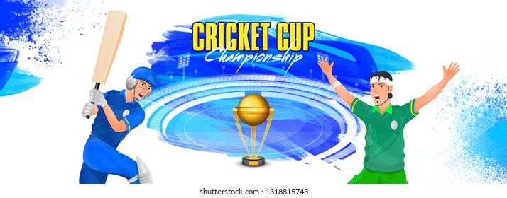 Cricket Cup Championship header or banner design, cricket player in different playing action with golden trophy on stadium background.