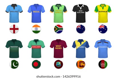 Cricket cup. Set of polo t-shirts and flags of the national team.