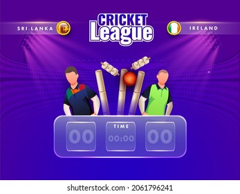 Cricket Digital Scoreboard Of Participating Team Sri Lanka VS Ireland With Faceless Players And 3D Ball Hits Wicket Stumps On Gradient Purple And Blue Stadium View.