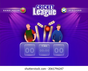 Cricket Digital Scoreboard Of Participating Team Bangladesh VS Scotland With Faceless Players And 3D Ball Hits Wicket Stumps On Gradient Violet Stadium View.