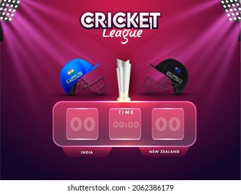 Cricket Digital Scoreboard Of Participating Team India VS New Zealand With 3D Silver Winning Trophy And Stadium Lights On Pink And Purple Background.