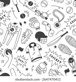 Cricket Doodle Naadloos Patroon. Sport Game Gear achtergrond met vallende apparatuur en uniform in de hand getekende comic stijl. Actie Beweging afspelen. Vectorillustratie herhalen