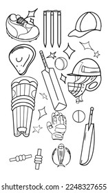 Cricket doodle vector set, sport equipment and objects