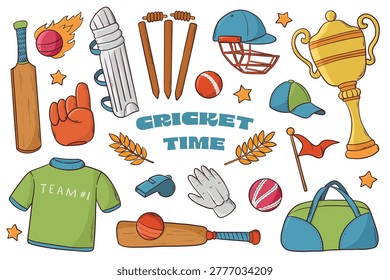 Cricket doodles, cartoon elements collection for stickers, prints, cards, social media visuals, banners, etc. EPS 10 Stock Vector