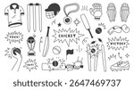 Cricket Elements Doodle Set. Sports Game Gear Collection with Ball Bat Helmet Uniform and Equipment. Outline items and symbols in hand drawn comic style. Vector illustration
