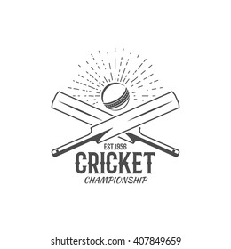 Cricket emblem and design elements. Sports fun symbols with cricketer equipment - bats, ball. For web design, tee design or print on t-shirt. Monochrome.