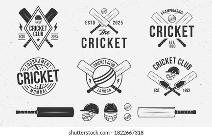 Cricket emblems, logos, badges templates. Set of 6 Cricket logos and 6 design elements. Cricket bat, ball and helmet isolated on white background. Cricket team vector emblems