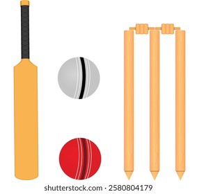 cricket equipment bat ball and wicket vector illustration isolated on white background .  bat, wicket, the ball for the game of cricket, realistic 3D vector models with wooden texture of objects