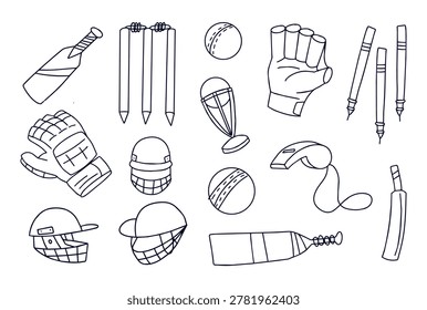 Cricket Equipment Hand Drawn Doodle Icon Set Stock Vector