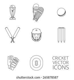 Cricket equipment icons set with keeping gloves and winner trophy sketch abstract black outlined isolated vector illustration