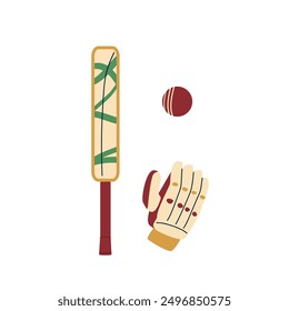 Cricket equipment isolated on white background. Bat, ball and cricket glove. Vector hand drawn flat illustration