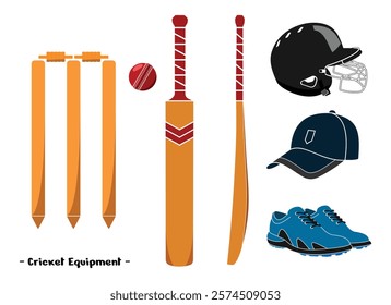 cricket equipment set design, in color style, editable vector eps 10.	
