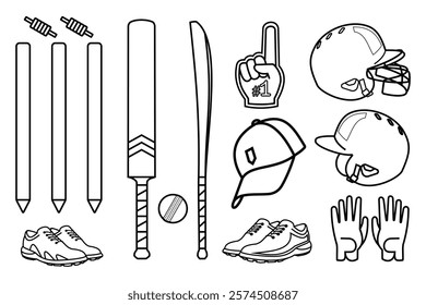 cricket equipment set design, in outline style, editable vector eps 10.	
