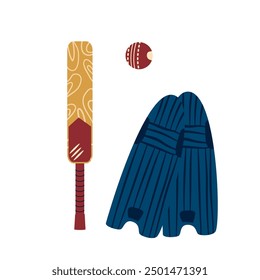 Cricket equipment set isolated on white background. Bat, ball and leg pads. Vector hand drawn flat illustration