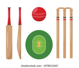 Premium Vector  Cricket equipment illustrations set, protective helmet and  pads, ball, wooden wicket and bats.