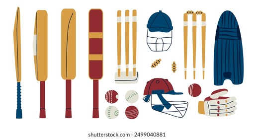 Cricket equipment set. Sport tools. Bats, wickets, leg pads and balls. Vector hand drawn flat collection illustration isolated on white background.