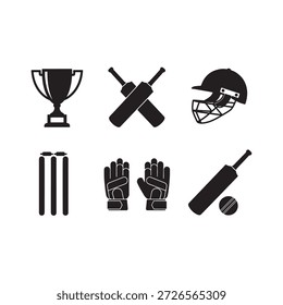 Equipo De Cricket Silueta Vector Conjunto Trofeo, Murciélagos, Casco Y Stumps