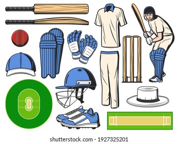 Cricket equipment, sport icons of ball, bat and wicket, vector game items. Cricket equipment and player garment accessory, stadium field, protective helmet, stump, pitch and cricketer batsman outfit