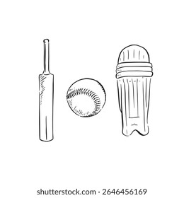 Cricket equipment such as cricket bat, cricket ball and shin pads, hand drawn in black and white.