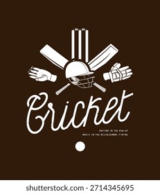 Cricket equipment vector illustration on a brown background vintage sports t-shirt print