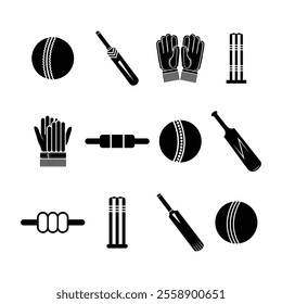 Cricket Equipments, Cricket game kit silhouette vector icon isolated on white background.