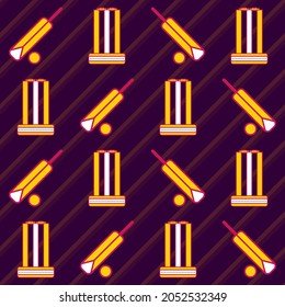 Cricket Equipments Pattern On Purple Stripe Background.