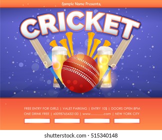 Cricket Event Poster Background, Vector Spotlights Banner Event Info Postcard Design and Typographic Sports Ad Web Banner or Info Horizontal Card Template, Cricketer Ball, Stick and Grass Illustration