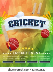 Cricket Event Poster Background, Vector Low Poly Postcard Design and Typographic Sports Ad Web Banner or Info Horizontal Card Template, Cricketer Ball, Stick and Grass Illustration