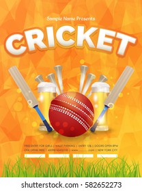 Cricket Event Poster Background, Vector Low Poly Postcard Design and Typographic Sports Ad Web Banner or Info Vertical Card Template, Cricketer Ball, Stick and Grass Illustration