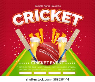 Cricket Event Poster Background, Vector Spotlights Banner Event Info Postcard Design and Typographic Sports Ad Web Banner or Card Template, Cricketer Ball, Stick Illustration