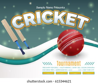 Cricket Event Poster Background, Vector Spotlights Banner Event Info Postcard Design and Typographic Sports Ad Web Banner or Info Horizontal Card Template
