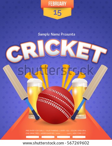 Cricket Event Poster Background, Vector Spotlights Banner Event Info Postcard Design and Typographic Sports Ad Web Banner or Vertical Card Template, Cricketer Ball, Stick Illustration