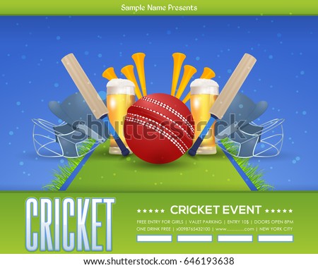 Cricket Event Poster Background, Vector Spotlights Banner Event Info Postcard Design and Sports Ad Web Banner or Info Horizontal Card Template