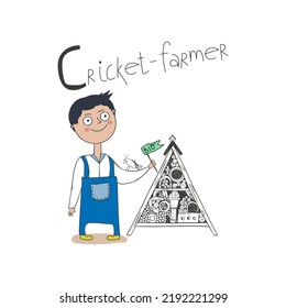 Cricket farmer illustration. Insect farm concept.