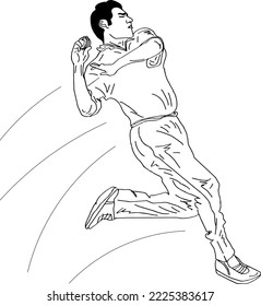 Cricket fast bowling action vector and illustration sketch drawing, Pakistan's top fast bowler stock image, Cricket logo, clip art, symbol 