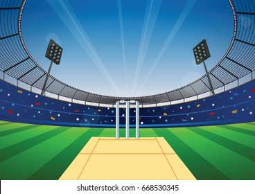 Cricket field with bright stadium. vector illustration.