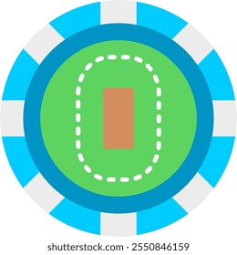 A cricket field layout featuring a central pitch, surrounded by an inner circle and outer boundary, designed in a simplified and stylized graphic representation.