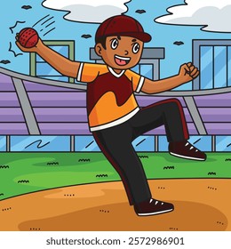 Cricket Fielder Catching the Ball Colored Cartoon