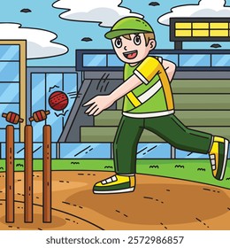 Cricket Fielder Hitting the Bails Colored Cartoon 