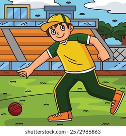 Cricket Fielder Picking Up Ball Colored Cartoon