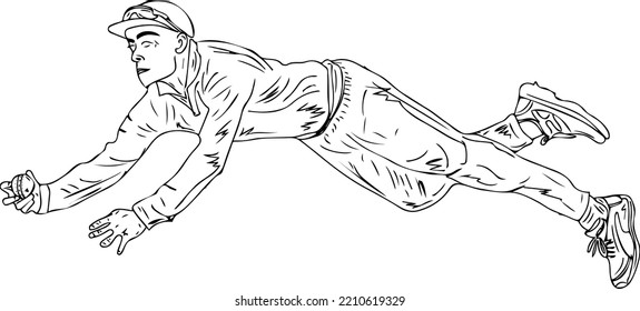 Cricket fielder taking stunning catch with one hand outline vector illustration, Cricketer taking diving cath sketch drawing, Cricket clip art , cartoon doodle drawing of cricket player