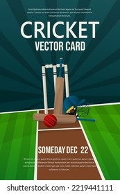 Cricket flyer, poster design, sports invitation vector editable template. Cricket field with bat, helmet and ball.