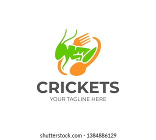 Cricket food logo design. Cricket farming vector design. Locust, fork and spoon logotype