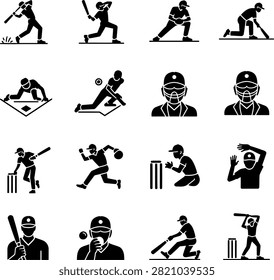 Cricket Game Action Icons Showing Players Positions and Movements in Stances