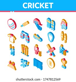 Cricket Game Collection Elements Icons Set Vector. Cricket Ball And Bat, T-shirt And Spike Sneakers, Gaming Equipment And Cup Isometric Illustrations