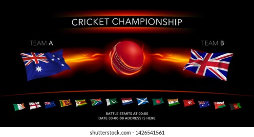 Cricket game vector background, illustration. Banner with ball with lightning and flags of the cricket teams 